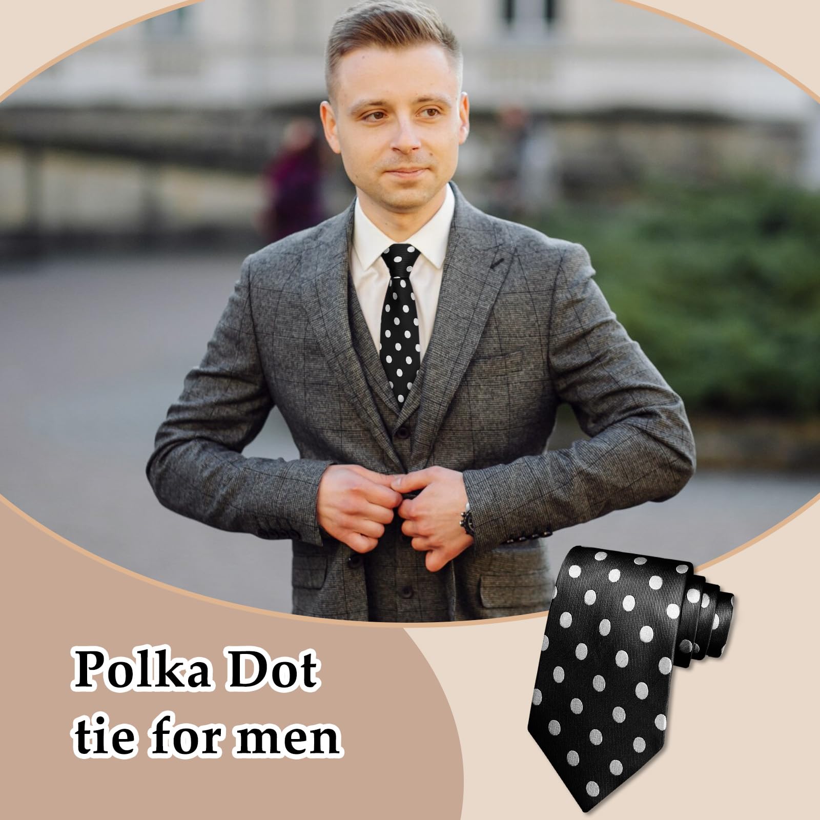 Corbatas para hombre, corbatas de lunares para hombre, corbatas y bolsillo cuadrado para boda, fiesta de negocios, negro blanco gran punto 2