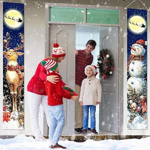 Miniatura 7 de Decoración retro de Navidad con texto en inglés Merry Christmas para puerta, muñeco de nieve azul, reno, luna, patio, porche, decoración navideña