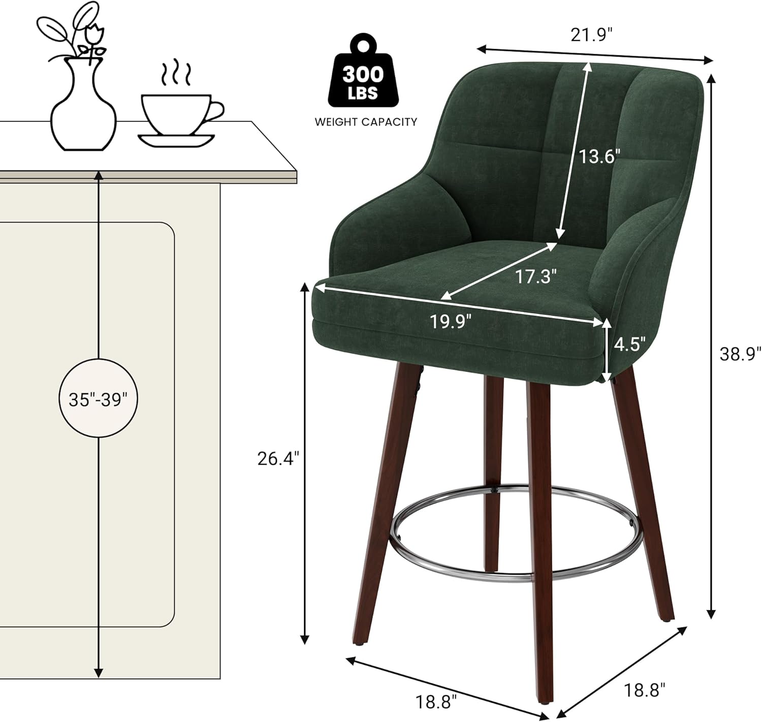 Swivel Bar Stools with Fabric Backs 26" Counter Height Bar Stools Set of 2 Fabric Upholstered Counter Barstools with Solid Wood Legs for Modern Kitchen Island Home Bar Green Set of 2