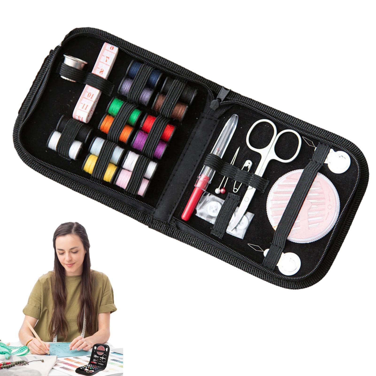 Gimocool Black Sewing Kit For Adults Kids - Household Portable Sewing Supplies | Sewing Kit For Travel, Adults, Beginner, Kids Contains Thread, Scissors, Needles, Measure Etc