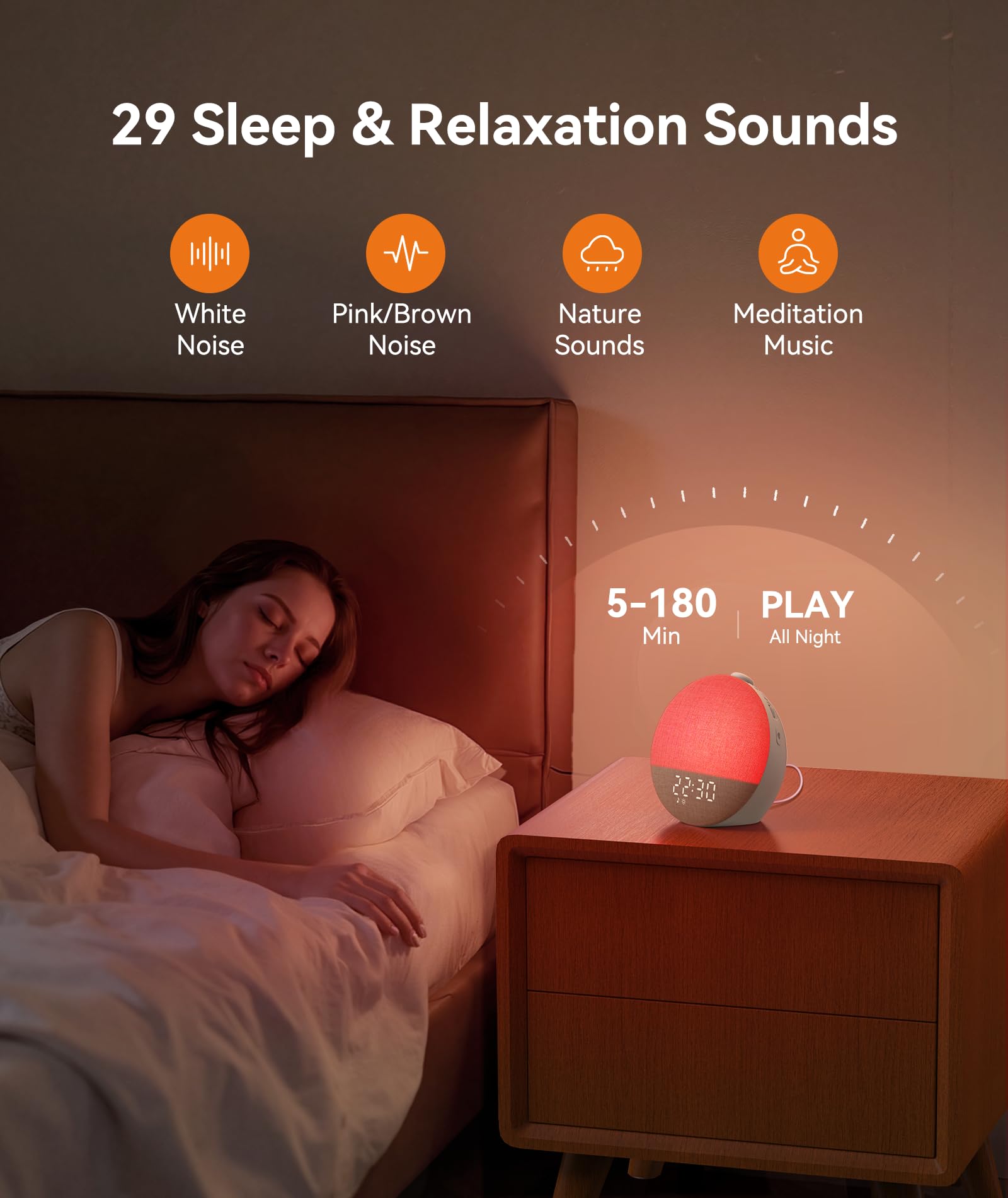 Dreamegg Sveglia Luminosa con Modalità Preferiti, Lampada da Comodino con Sveglia, 0-20 Livelli di Luminosità, 29 Tracce di Rumore Bianco per Adulti e Bambini, Funzione Snooze, per Camera da letto