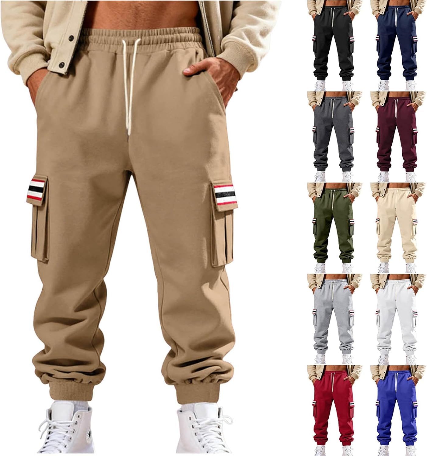 Cambkatl Fleece Lined Cargo Sweatpants for Men Striped Workout Casual Joggers Stretch Lounge Athletic Pants with Pockets