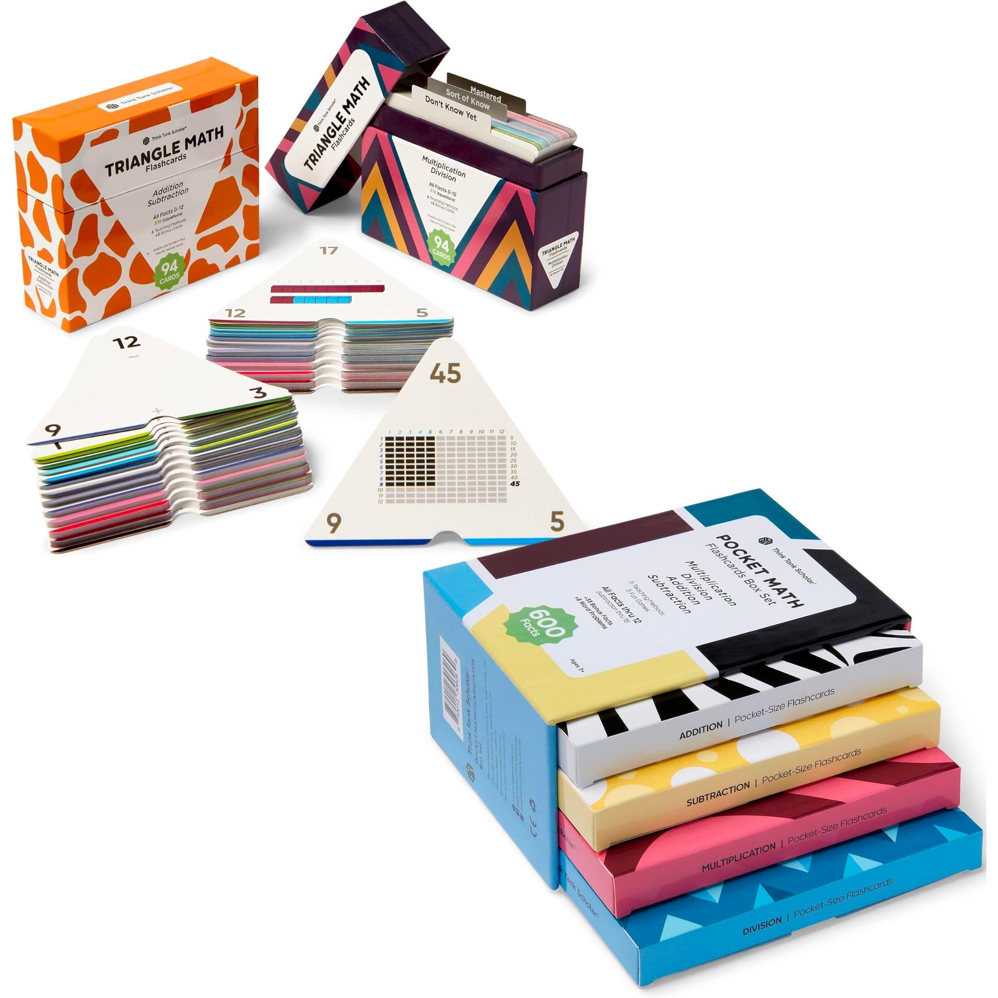 Think Tank Scholar Pocket Math Flash Cards Box Set All Facts 10 Games + Triangle Math 752 Equations, All Facts 0-12 Box Set for Kindergarten, 1st, 2nd, 3rd 4th, 5th, 6th Grade