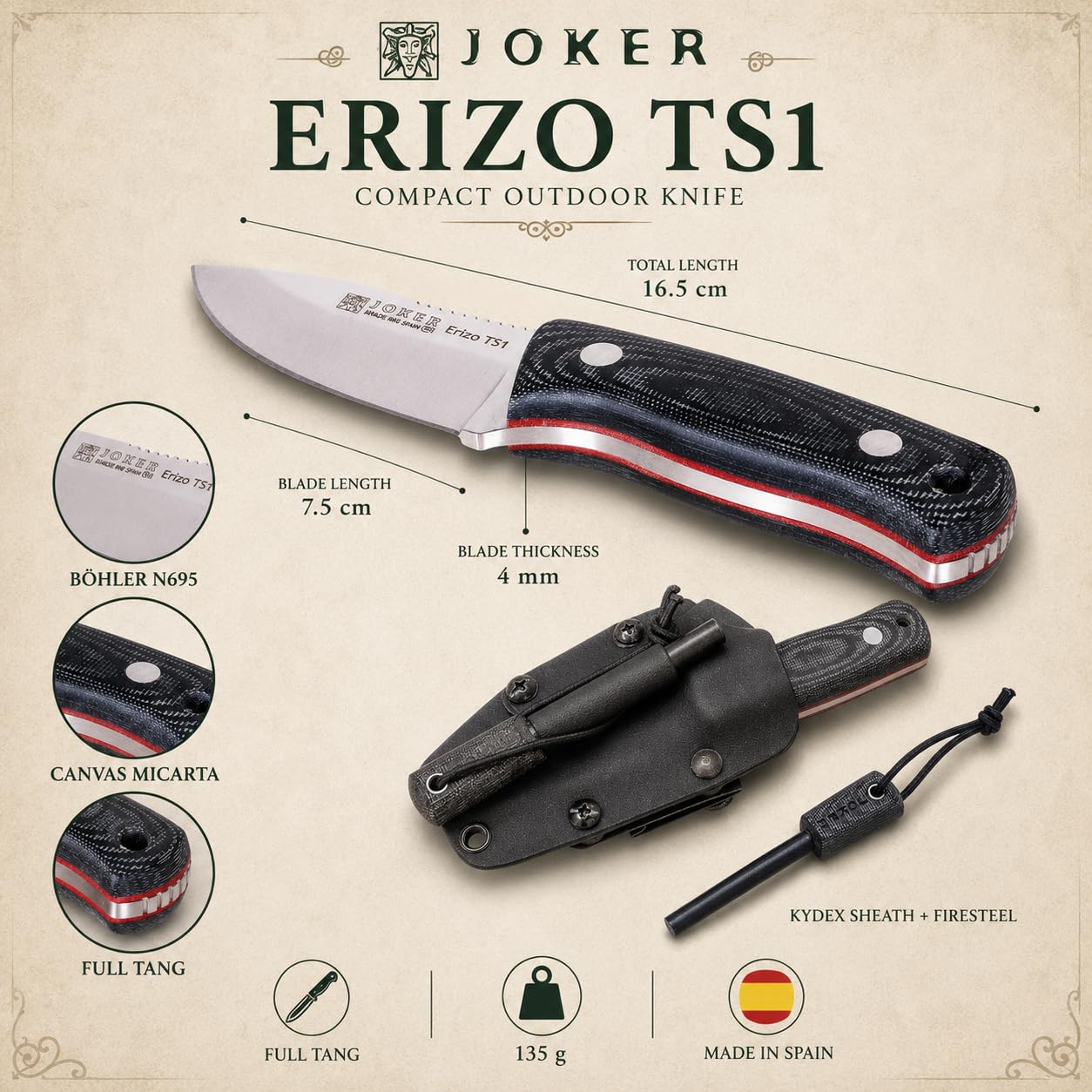 Joker Nóż Sportowy Survival Jeż TS1 CM81-F, Uchwyt Canvas micarta, nóż z ostrzem 7,5 cm, w zestawie pokrowiec Kydex z Paracord 550, narzędzie wędkarskie, polowanie, Camping i piesze wycieczki.