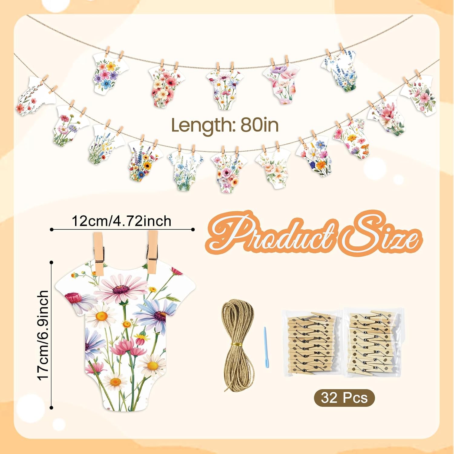Baby in Bloom Paper Banner wildflower Dress, Bodysuit Garland for Baby Showers,Mommy to Be Party Decorations,Birthday Party Decorations Outfit Set with Clips and Hemp Rope