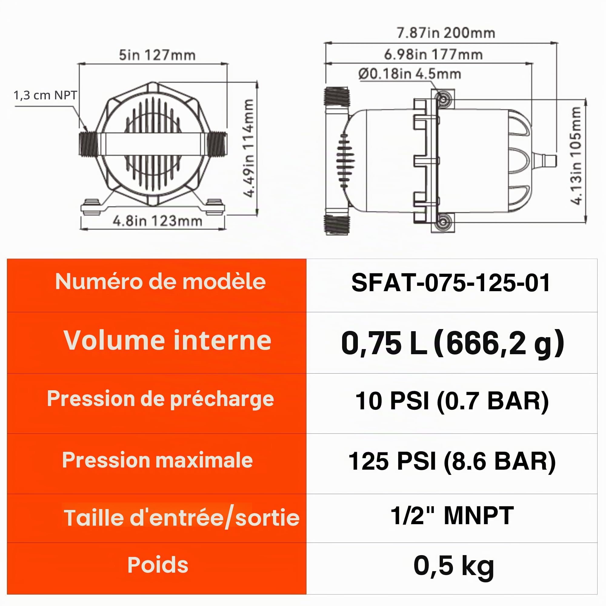 Seaflo Réservoir d'accumulateur pressurisé 0.75/1.0 litres