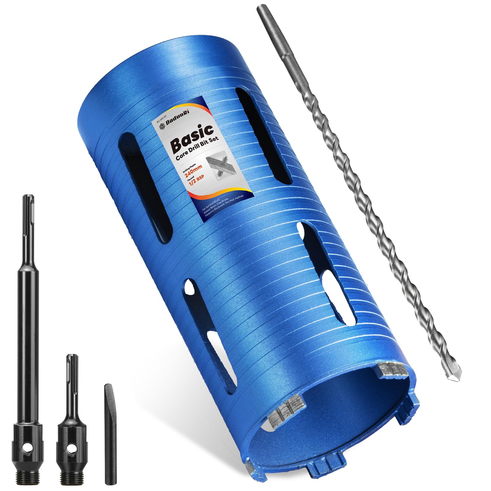 DaduoRi 108mm x 240mm Long Core Drill Bit Set with 240mm,110mm SDS Plus Adaptor & Centre Pilot Bit,Diamond Core Drill Set for Brick Block Masonry Stone,1/2 BSP Thread(For hole 105/107 mm) — image 1