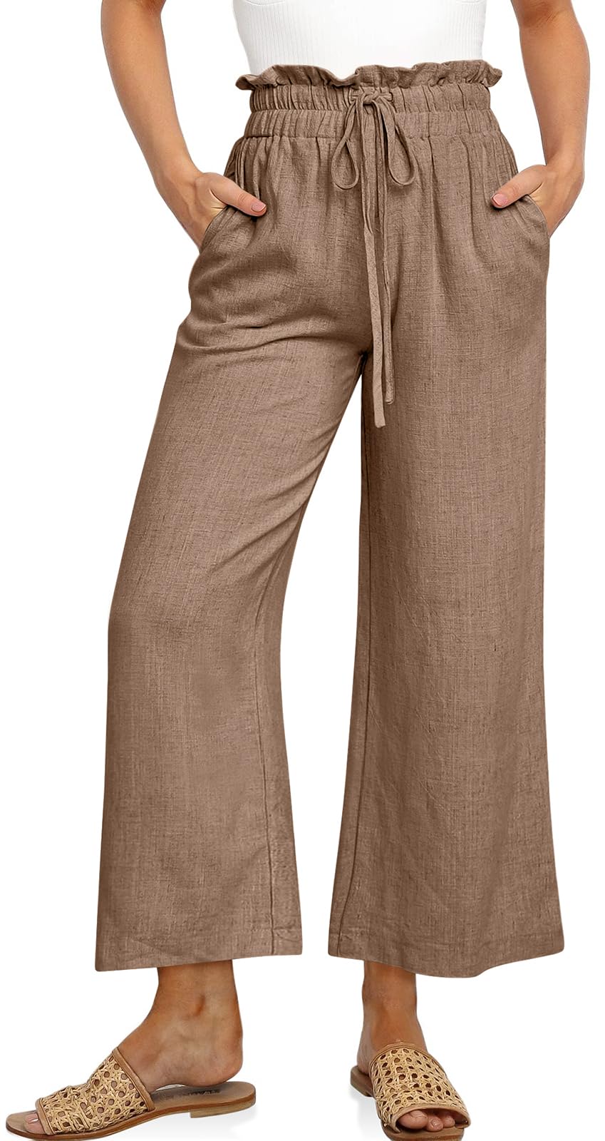 UEU Womens Linen Palazzo Pants 2026 Casual Loose Wide Leg Flowy Cropped Trousers with Pockets- 25 Inseam Dark
