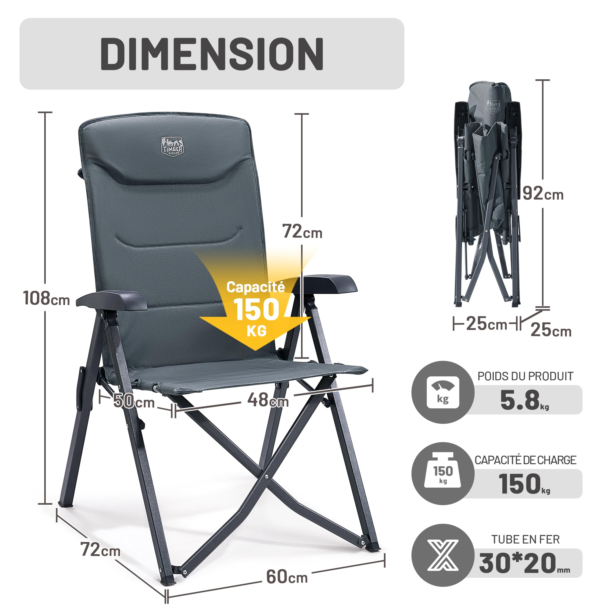 TIMBER RIDGE Fauteuil Jardin Exterieur 150kg Chaise Pliante Camping Portable Dossier Haut 4 Positions Réglables Fauteuil Realx Inclinable pour Terrasse Balcon Jardin Camping Pique-Nique