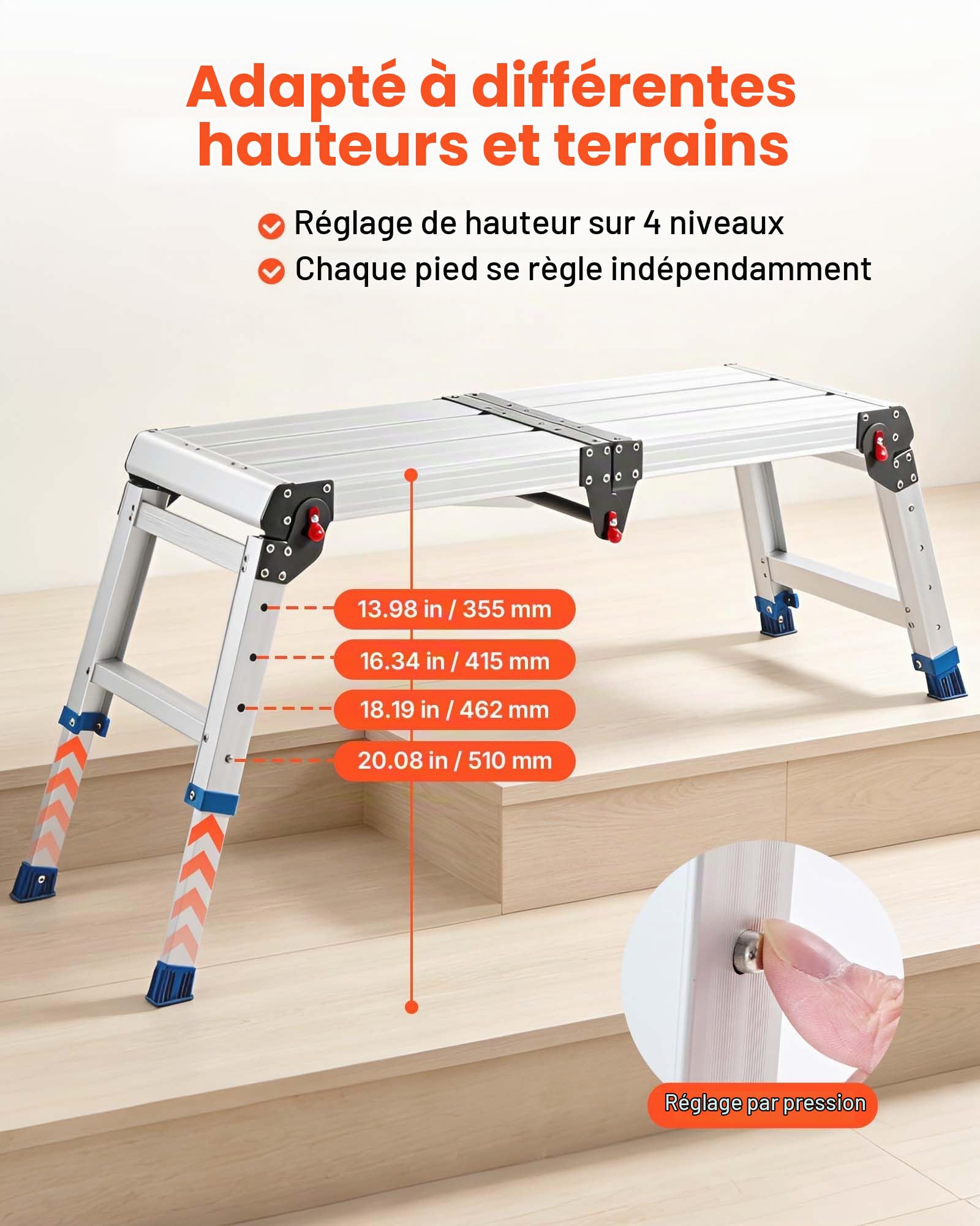 VEVOR Plateforme de Travail Pliable, Hauteur Réglable 360-508 mm, Marchepied en Alliage d'Aluminium, Capacité de Charge 226,8 kg, pour Peinture, Nettoyage, Maison et Usage Professionnel, Antidérapant