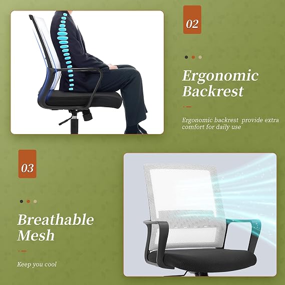 Office Chair Ergonomic Chair Mid Back Mesh Desk Chair Adjustable Height Swivel Mesh Chair Computer Chair with Armrest Lumbar Support,White
