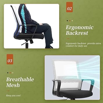 Office Chair Ergonomic Chair Mid Back Mesh Desk Chair Adjustable Height Swivel Mesh Chair Computer Chair with Armrest Lumbar Support,White