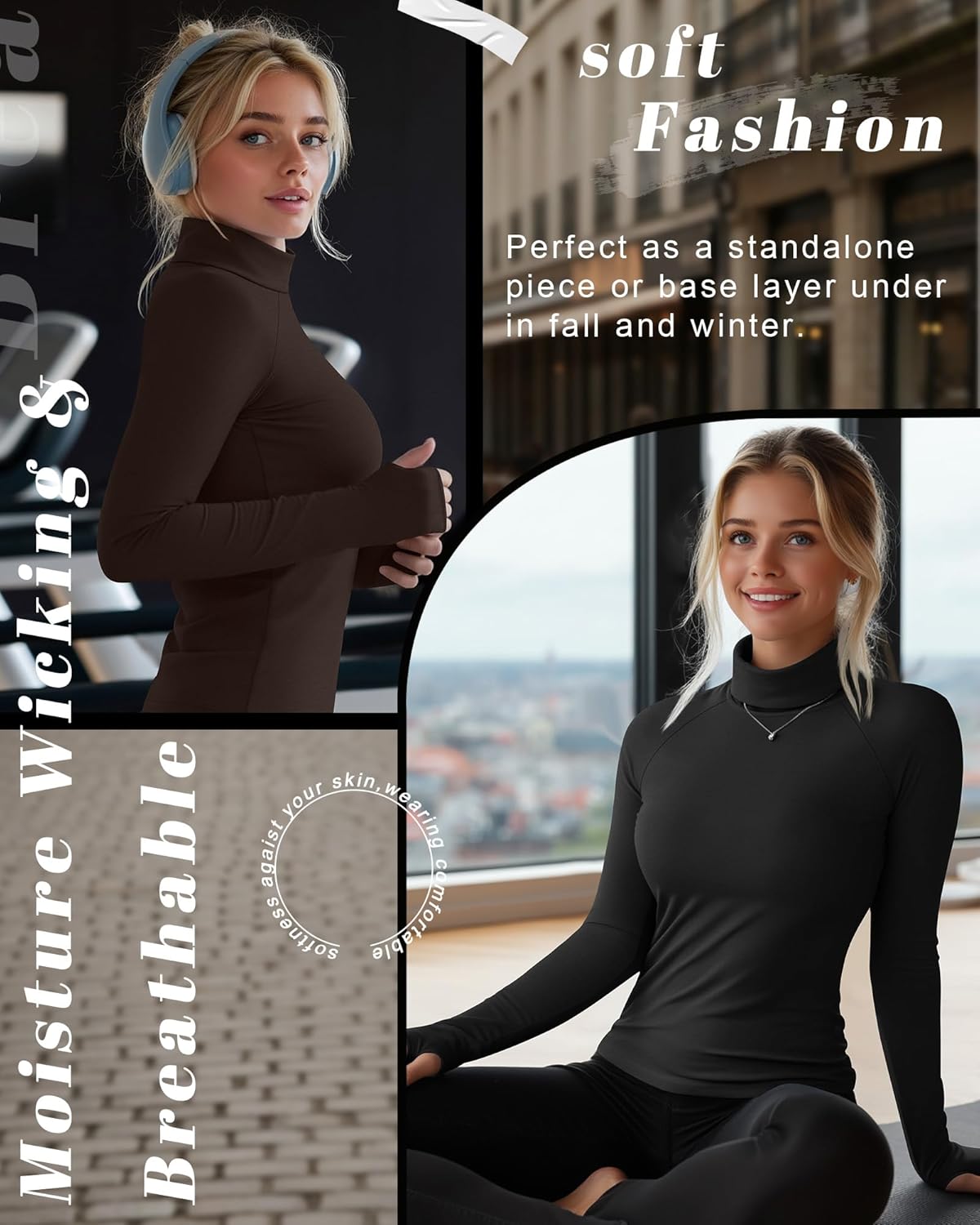 4 Pack Women's Turtleneck Shirts with Thumb Holes Long Sleeve Thermal Tops Elastics Slim Fit Underwear - Image 3