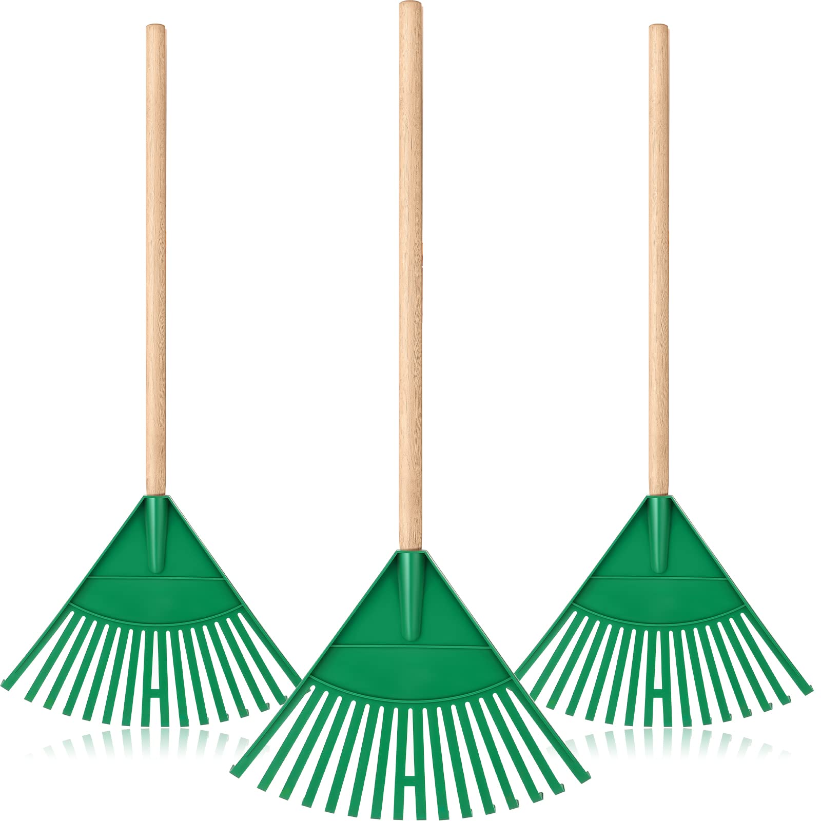 Macarrie Pack of 3 Kids Rakes with Hardwood Handle Green Lawn Garden Rake for Kids Gifts to Sweep Fall Leaves in Lawn and Tidying up The Garden Made of Wood and Plastic, 34.6 Inch