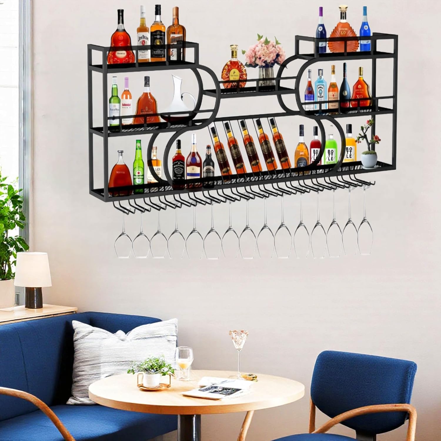 59 Inch Wall Mounted Wine Rack, 3 Tier Liquor Shelf, Metal Bar Shelf Wall Mounted for Bottle Storage, Bar Shelves for Liquor Bottles, Space-Saving Display for Home Bar, Dining Room, Black(No Lights)