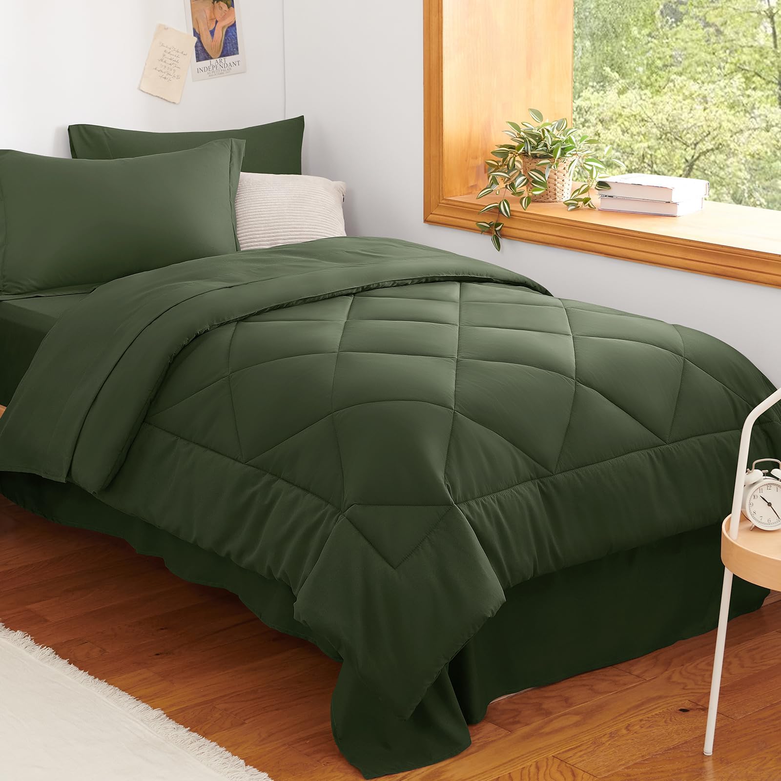 CozyLux Twin XL Comforter Set Olive Green - 5 Pieces Twin Extra Long Bed in a Bag for College Dorm, All Season Bedding Set for Girls and Boys, Soft Bed Set with Comforter, Sheets, Pillowcase & Sham