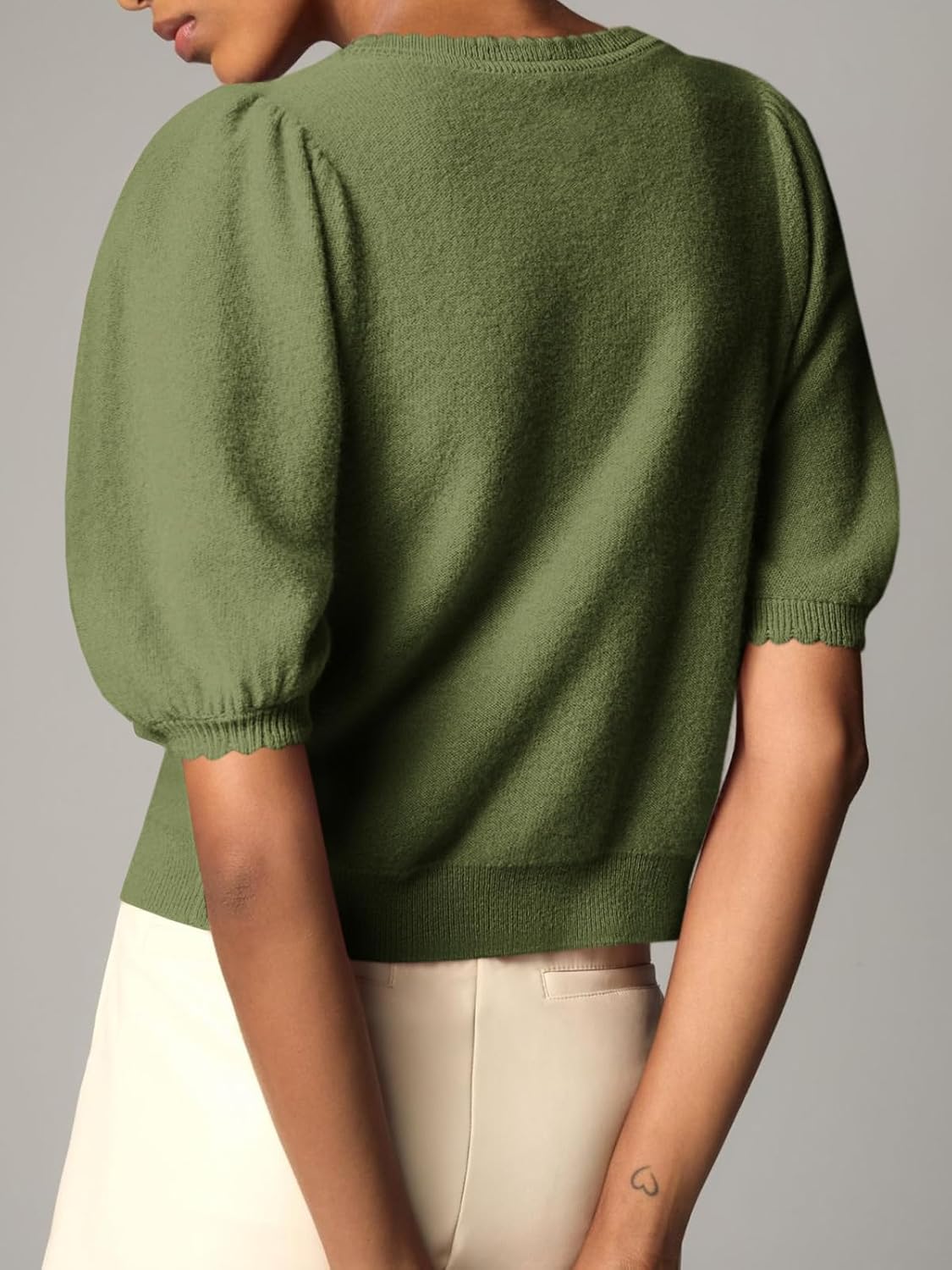 Saodimallsu Womens Puff Short Sleeve Cardigan Lightweight Summer Button Down Shirts Knit Crew Neck Sweater Tops - Image 5