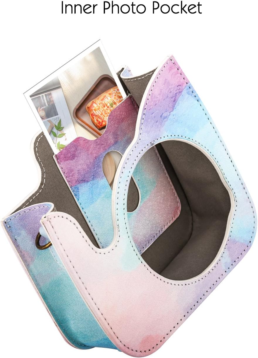 MoKo Camera Protective Case Compatible with Fujifilm Instax Mini 12/11/9/8/8+, PU Leather Instant Film Camera Bag, Protector Cover with Pocket and Removable/Adjustable Shoulder Strap, Water Color