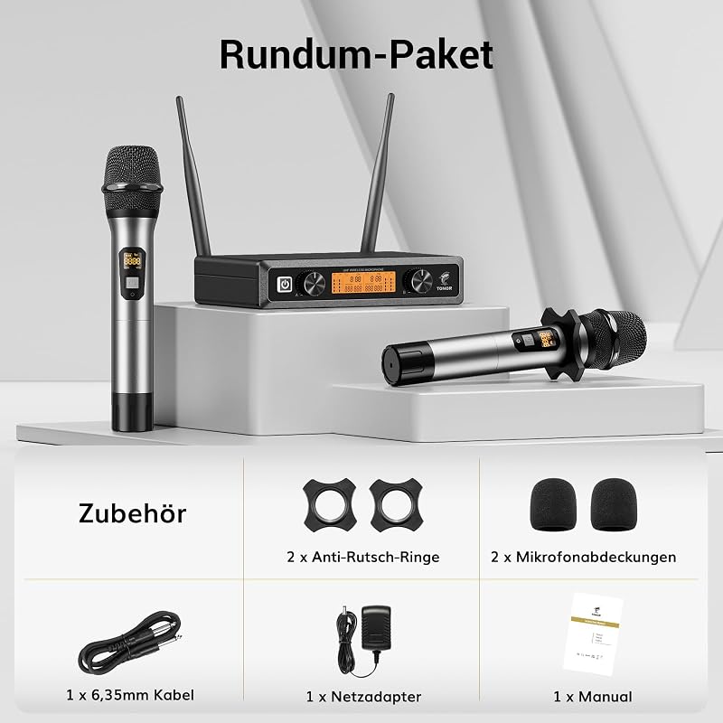 TONOR TW-820 Vezeték Nélküli Mikrofon Szett - 2 Kézi Mikrofon, 60m Hatótáv, Karaoke, Konferencia, Rendezvény Hangosításhoz, Fém Ház