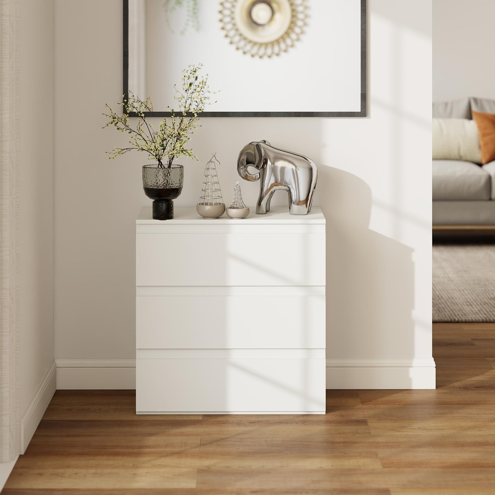 Cómoda Blanca Dormitorio con 3 Cajones Mesilla de Noche Estrecha 40cm Cajonera de Armario Interior Moderna Mueble Auxiliar para Oficina y Pasillo 70x40x75 cm