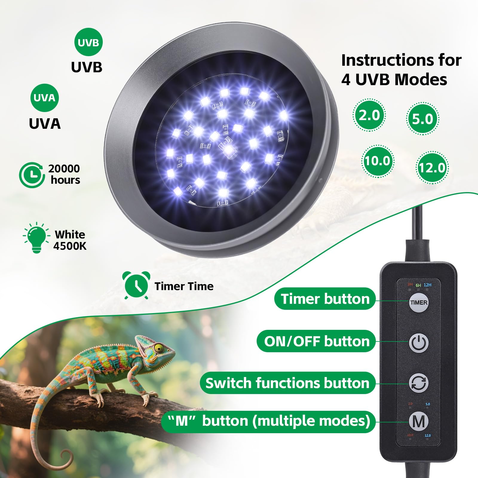 Luz de reptil UVB con atenuación de 8 W, color gris
