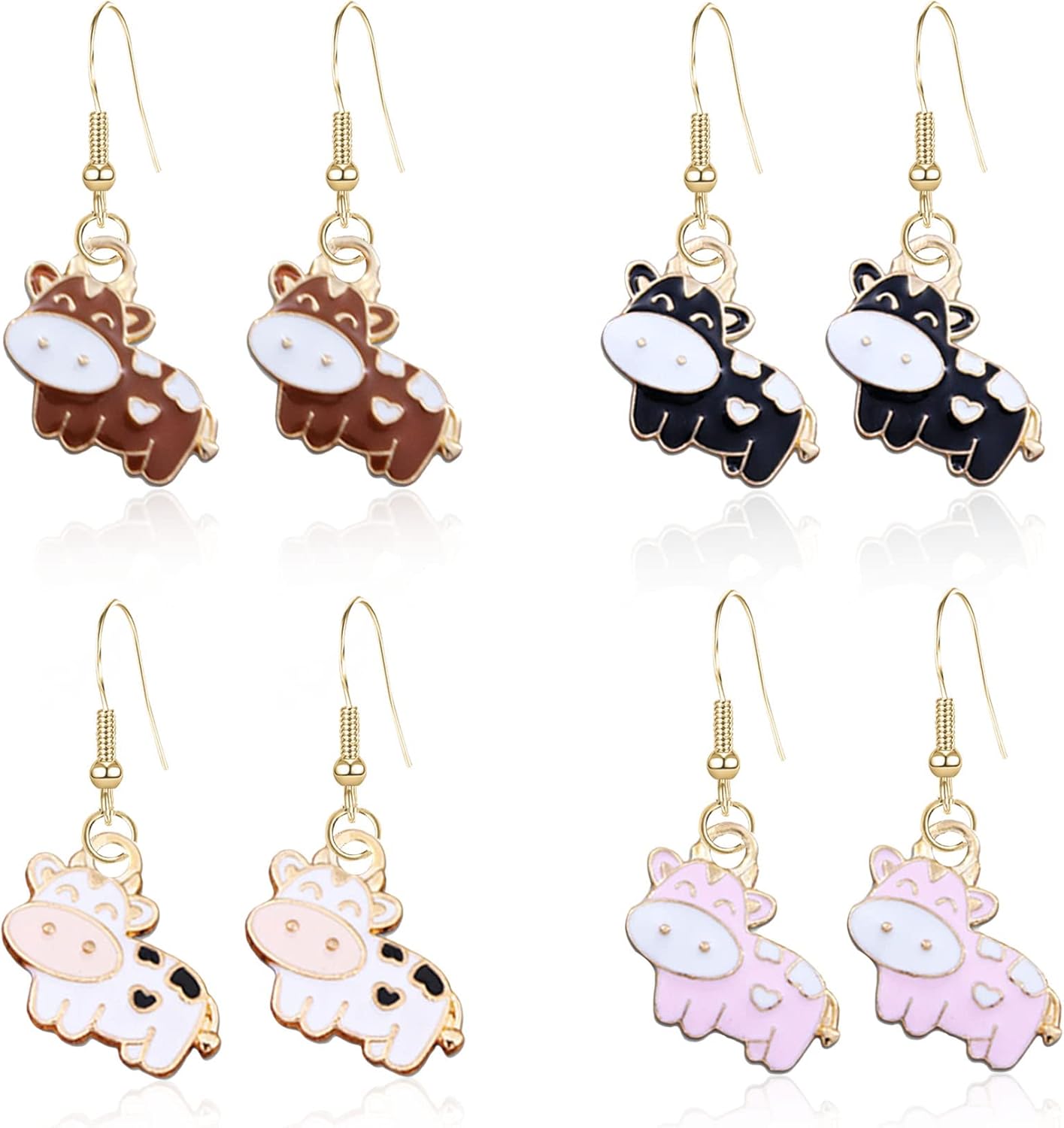 4 Pairs Cow Farm Pet Dangle Hook Earrings Cute Golden Cow Animal Drop Earrings for Women Birthday Friendship Party Accessories Jewelry Gift Set