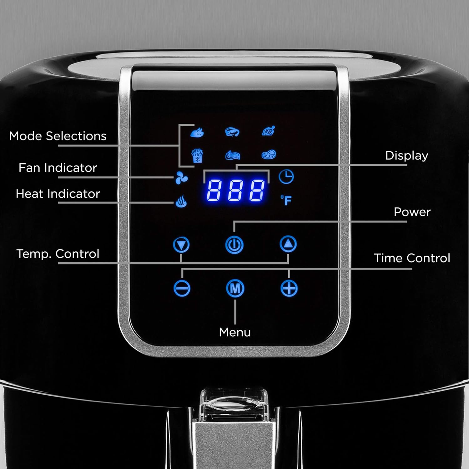 Close-up of the Best Choice Products Digital Air Fryer control panel showing various icons and buttons.