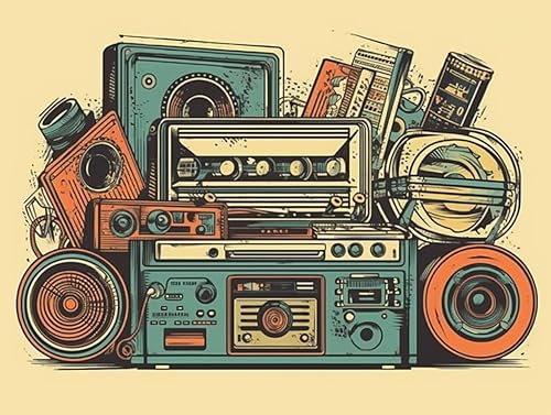 Generic Arte de música retro estética, música vintage, tocadiscos de mediados de siglo, obras de arte para auriculares, arte de diamantes 5D para