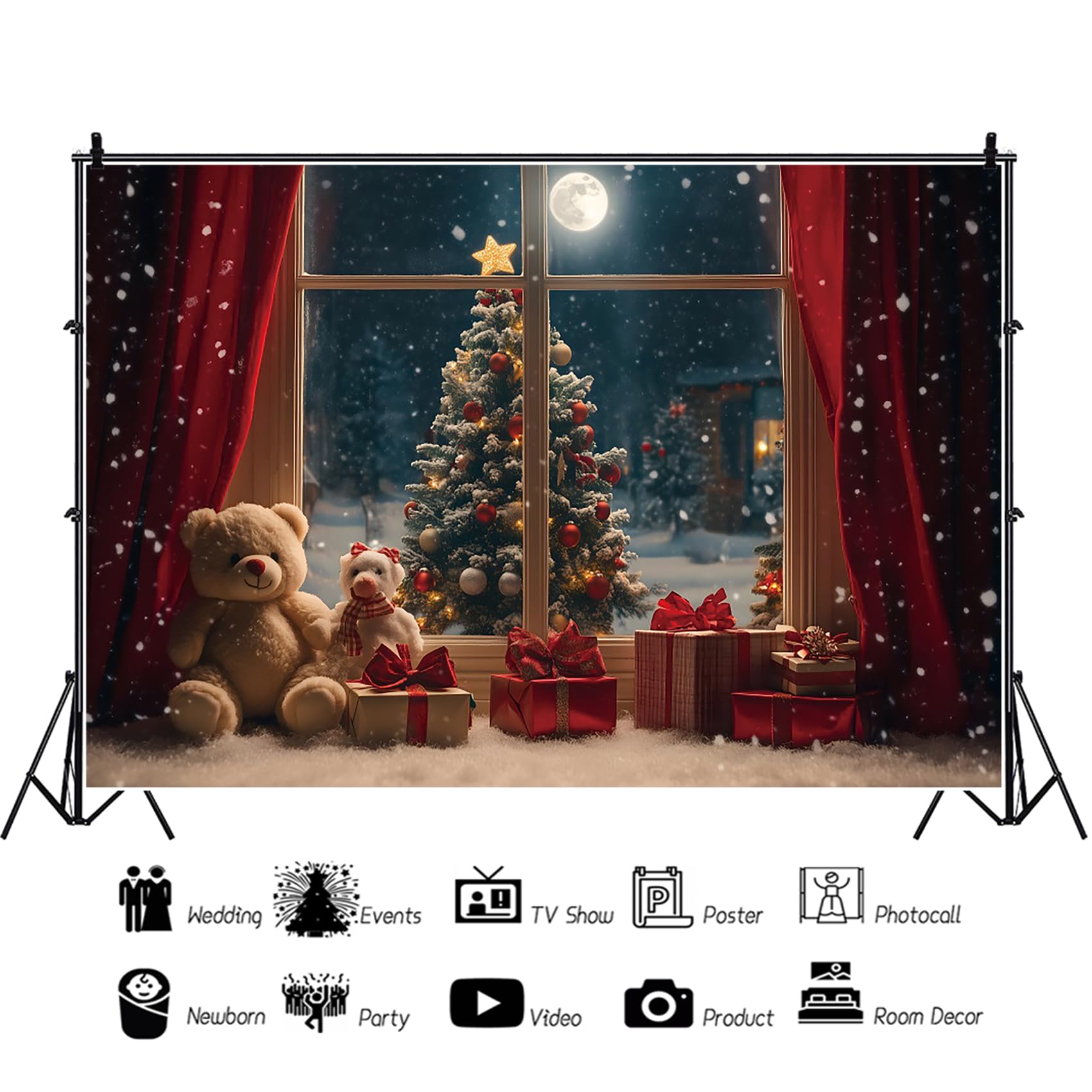 6x3m Sfondo fotografico natalizio Scena notturna invernale innevata Albero di Natale di lusso Sfondo fotografico Tenda rossa Orso carino Ritratto di Capodanno Studio Prop