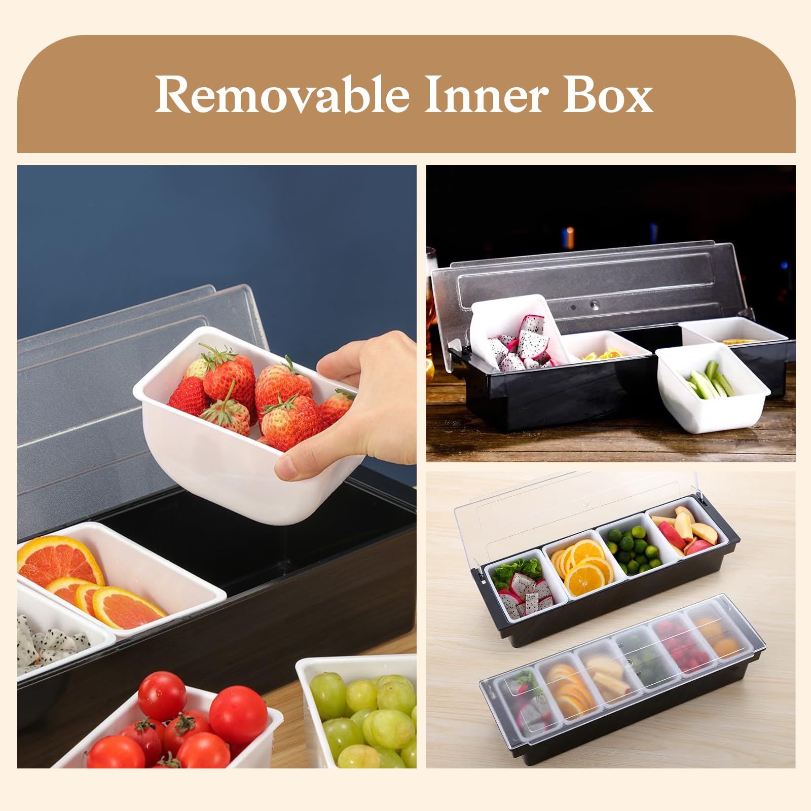 Buachois Server per Condimenti, Contenitore per Dispenser per Condimenti in Plastica Trasparente, Coperchio Staccabile Design Bar Contenitore per Frutta con Coperchio(4 Compartments)