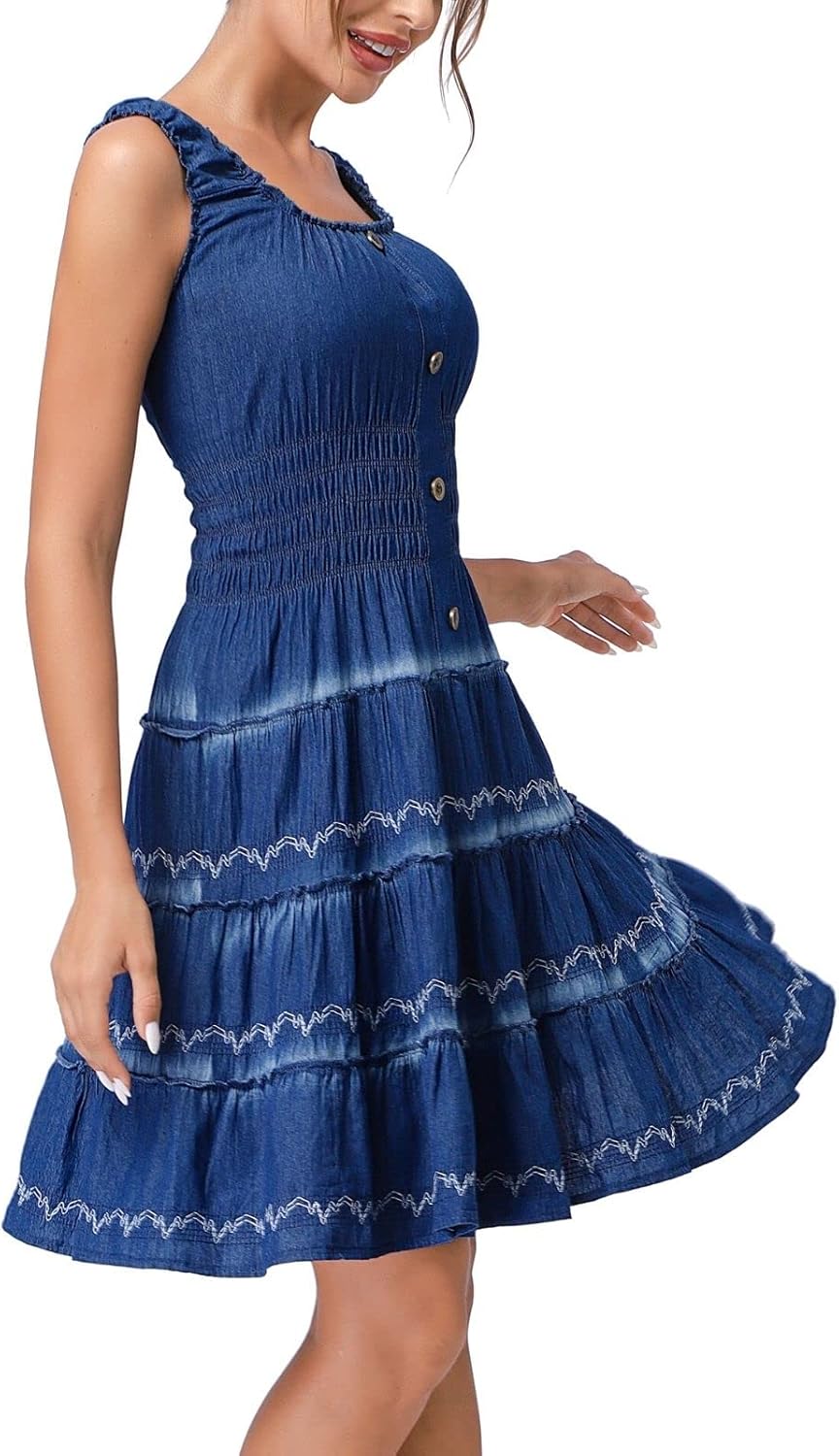 Women's Dress Sleeveless Denim Short Summer A-line Casual Cotton Boho Flowy Jean Mini Sundresses for Women - Image 4