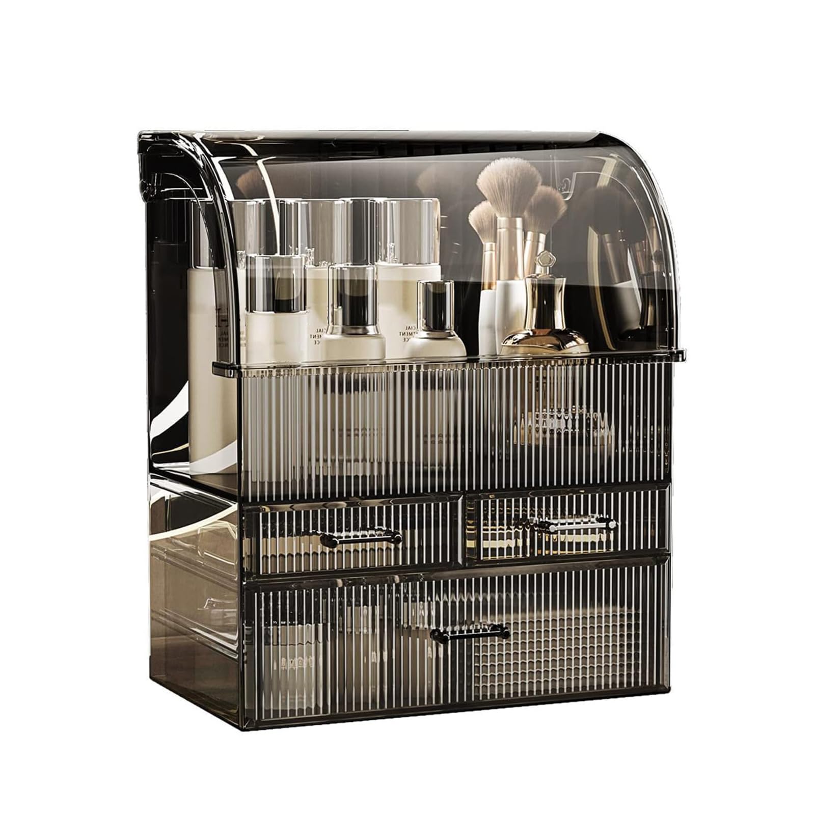 Kosmetische Aufbewahrungsorganisator, Acryl Make-up Organizer mit Deckel Staub wasserdicht, Hautpflege Kosmetik-Display Case mit 3 Schubladen für Schlafzimmer, Clear Schwarz (30 cm L x 17 cm B