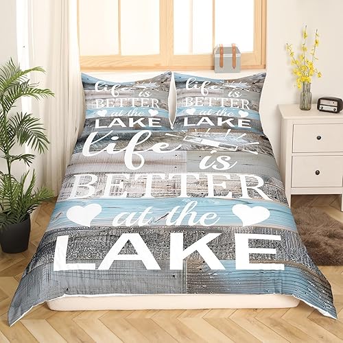 Miniatura 2 de Erosebridal Juego de funda de edredón de casa de lago, tamaño Queen, estilo rústico de granja, para dormitorio de niños y niñas, funda de edredón