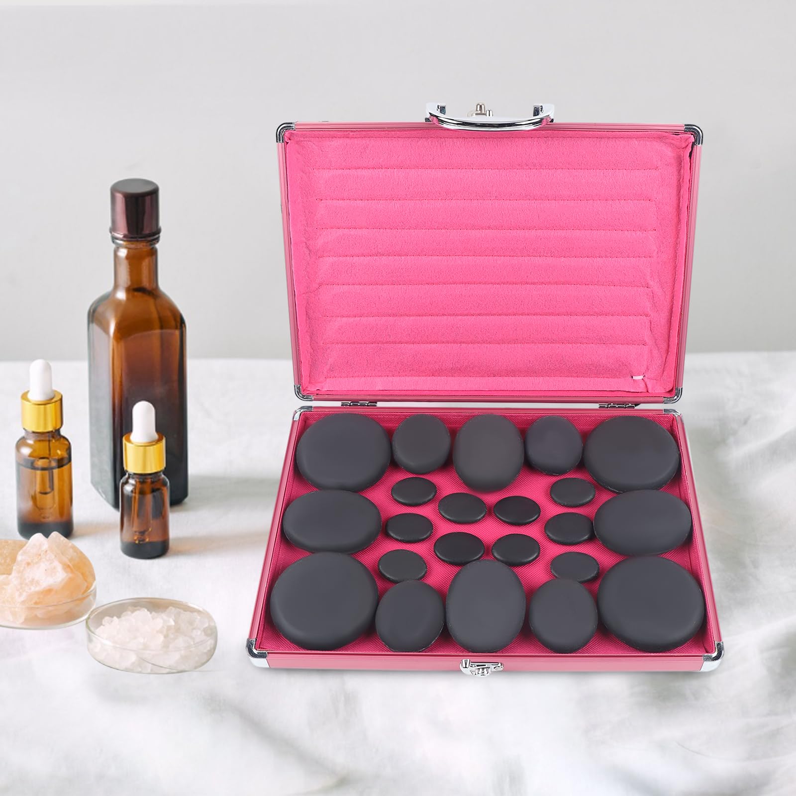 Hot Stone zestaw do masażu, 20 sztuk, ciepłe kamienie, kamienie lawowe, kamienie do masażu, kamienie bazaltowe w walizce grzewczej, przenośne, odpowiednie podgrzewacze do kamieni do masażu