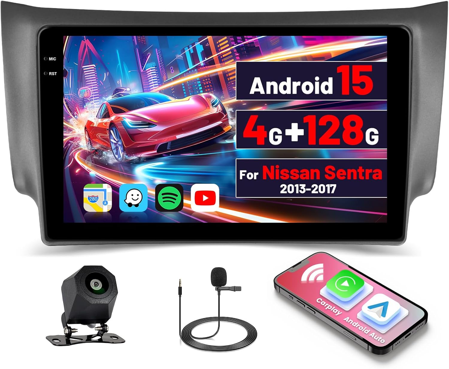 [4+128GB] Android 15 Car Radio for Nissan Sentra 2013-2017 with Wireless Carplay/Android Auto, 10.1 Inch HD Touchscreen Car Stereo with GPS Bluetooth 5G WiFi FM/RDS EQ SWC Backup Camera MIC