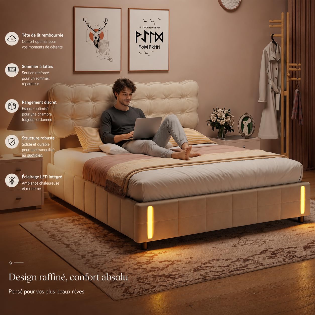 LONELYO Lit Coffre 160x200 avec LED RGB 7 Couleurs & Système Hydraulique – Velours Beige Clair Capitonné, Rangement Spacieux & Sommier à Lattes – Design Moderne