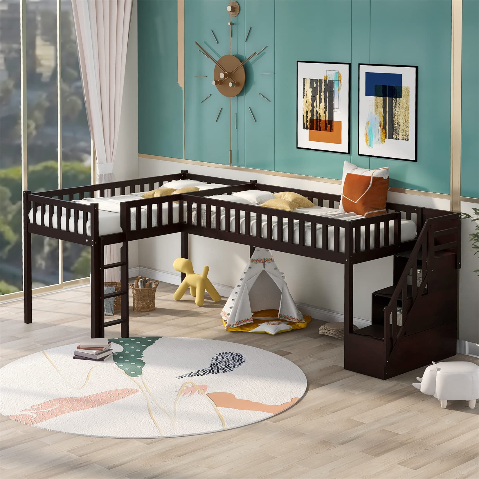Buy LShape Loft Bed with Stairs Double Twin Loft Beds with Storage