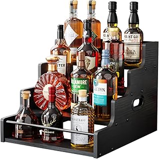 KLM Liquor Bottle Display Shelf, Coffee Syrup Rack Organizer, 4 Step Countertop Liquor Wine Rack, mini bar,liquor cabinet, Home Retro Bar Shelf Stand for Liquor Whiskey, (Black)