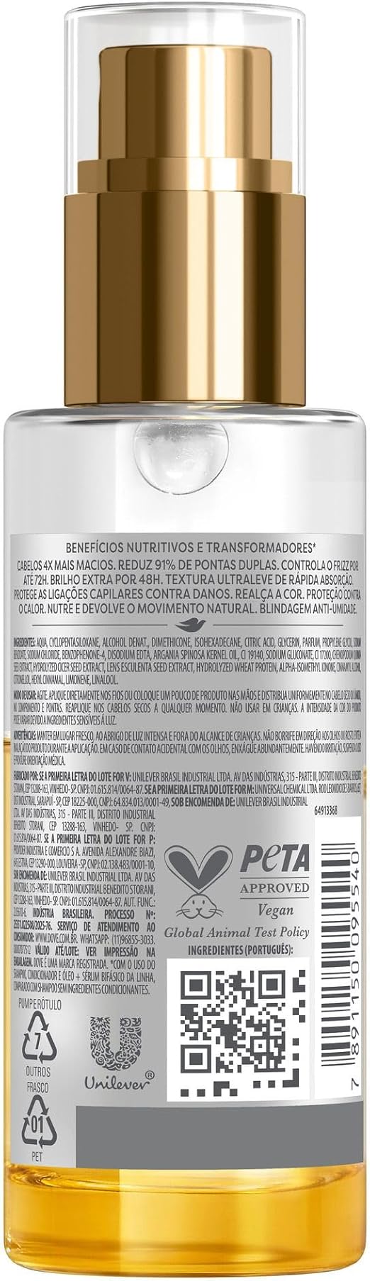 Detalhe da embalagem do produto de cuidado capilar, exibindo informações nutricionais e transformadoras, código de barras e selos de certificação.