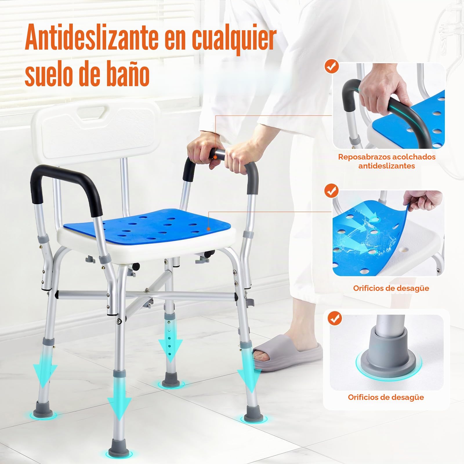 VEVOR Silla de Ducha Antideslizante Asiento de Ducha Carga de 181,4 kg con Barra Transversal Silla de Baño Altura Ajustable para Bañera de Ducha Interior para Ancianos, Mujeres Embarazadas, Azul
