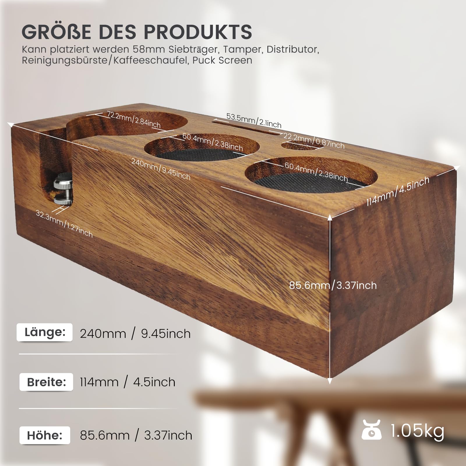 Estación de tamping de 58 mm, de madera, para portafiltros de 58 mm, para cafeteras de nogal Barista, accesorios con cojín de silicona, altura ajustable