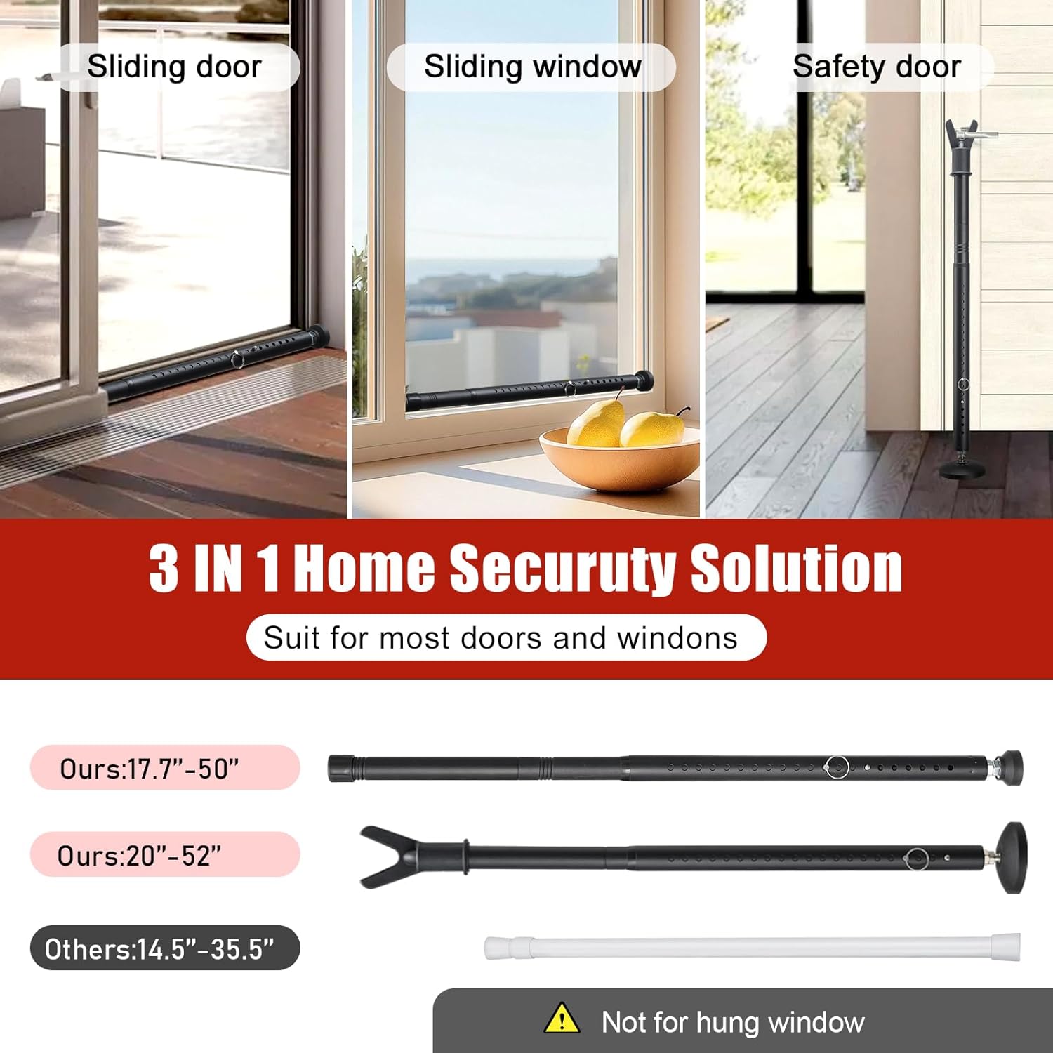 Door Security bar, 17-50.5'’ Adjustable Door Stopper Stick for Front Home Apartment Hotel Heavy Duty Safety Lock Blocker Screen Door Women Traveler(2 Pack,Black)