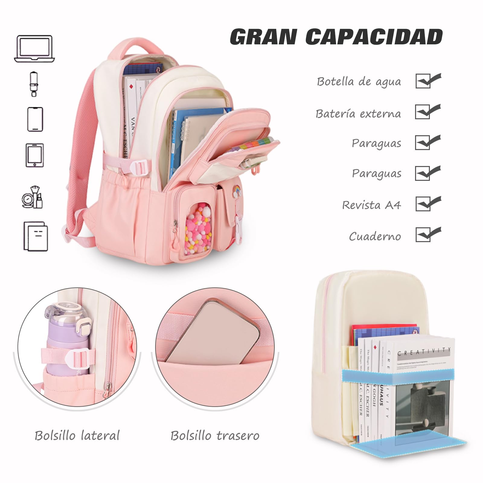 FANDARE Mochila Escolar Infantil con Tira Reflectante y Compartimentos Múltiples Ergonómica con Respaldo Transpirable y Oxford Impermeable Ligera para Niño de Primaria Rosa