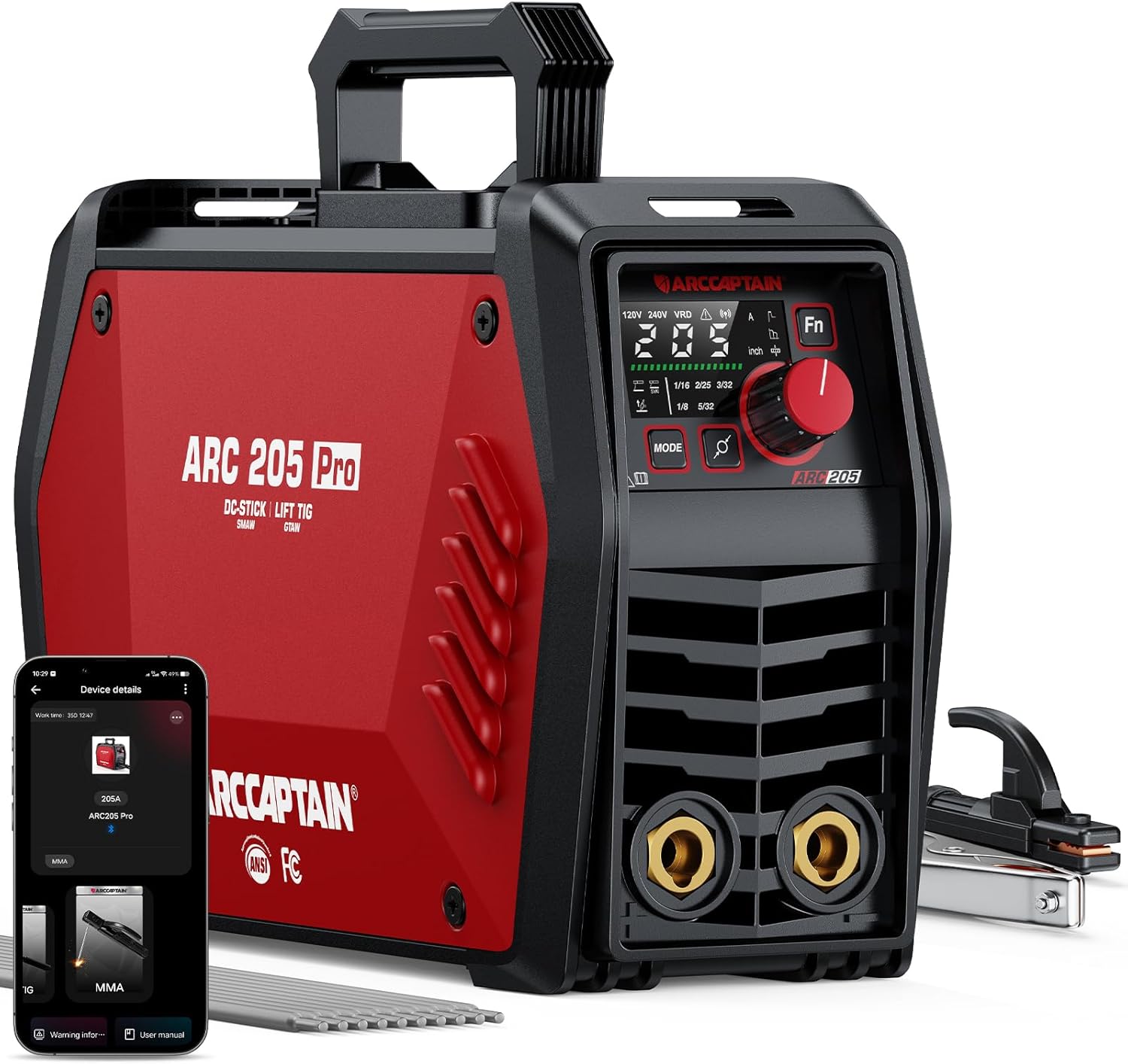 ARCCAPTAIN ARC205 Pro Stick Welder with APP Control - 205A Dual Voltage MMA/Lift TIG Inverter, Hot Start, Anti-Stick, Beginner-Friendly