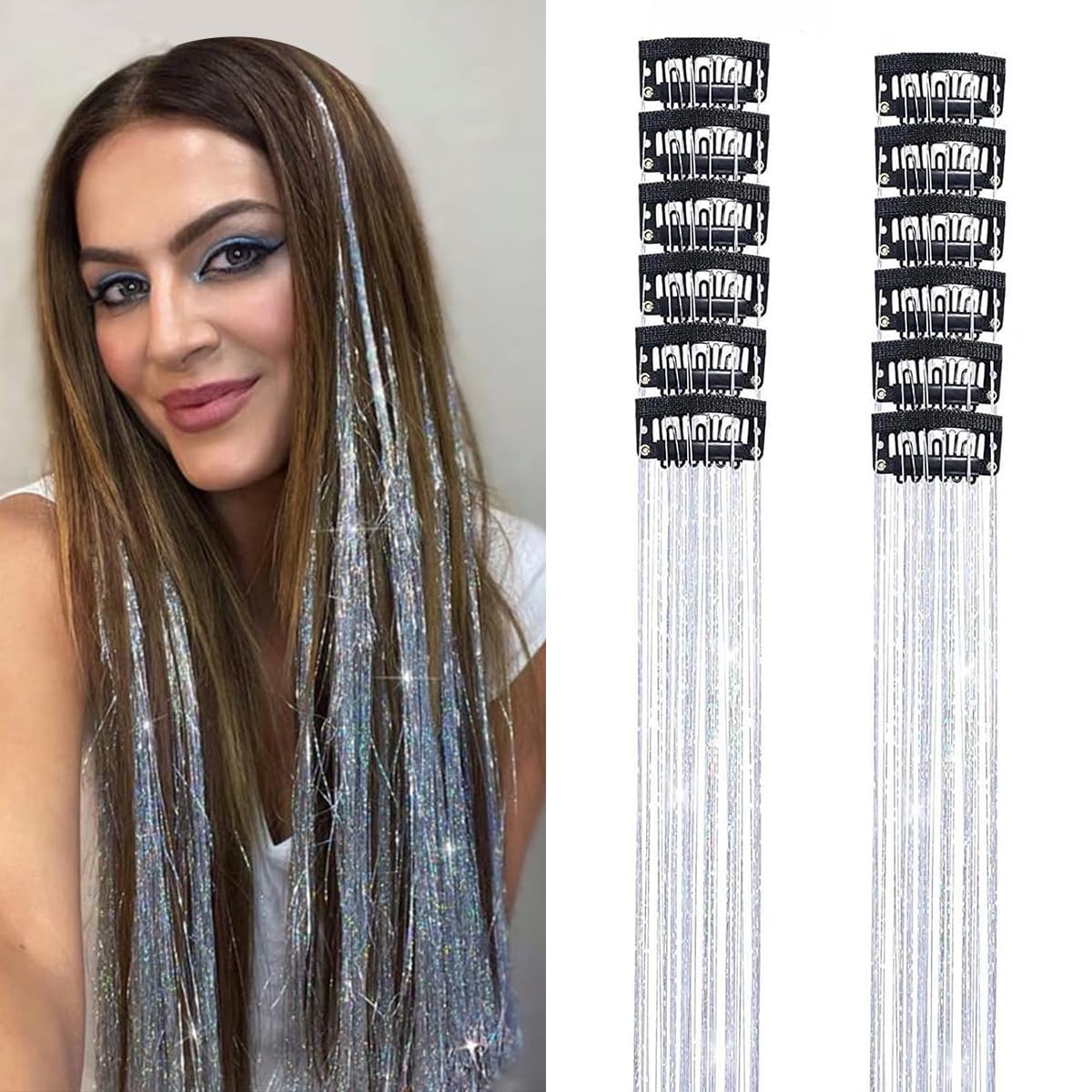 Hair Tinsel Clip in Tinsel Hair Extensions, 6Pcs 21.17In Fairy Glitter Hair Tinsel for Women Sparkle Heat Resistant Festival Hair Accessories for