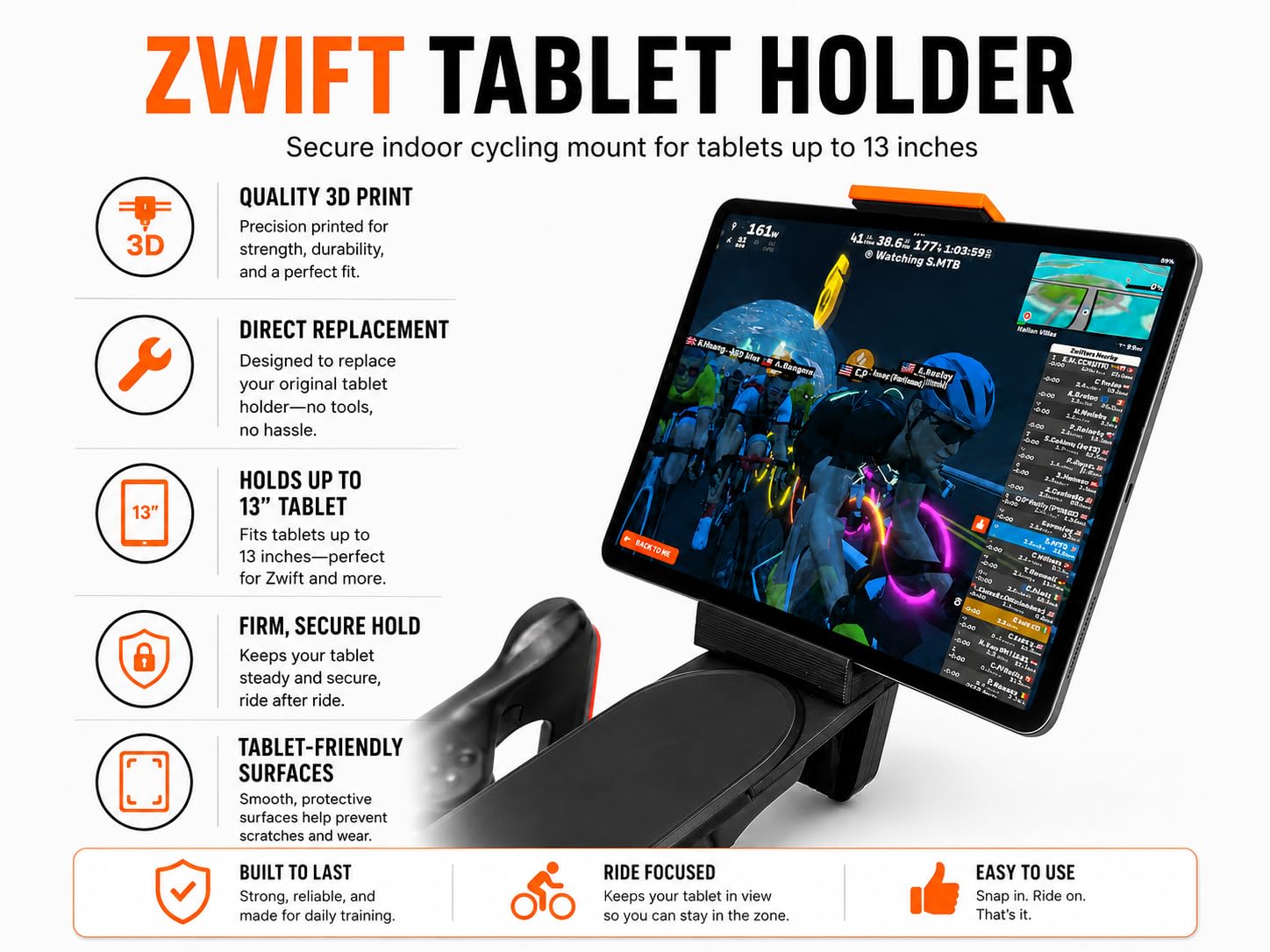 Support de tablette pour vélo Zwift Ride Bike, noir et orange, fixation sécurisée