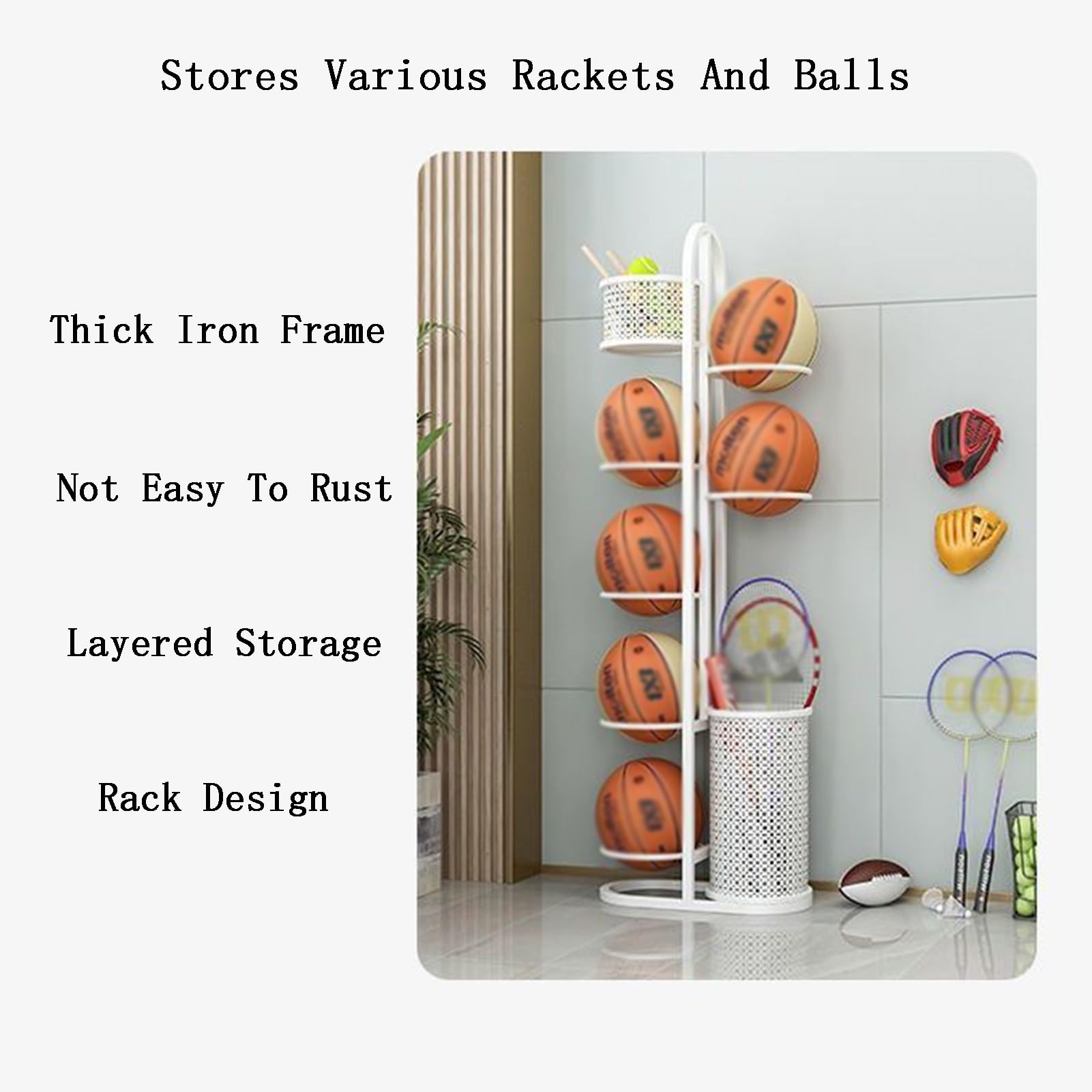 Rastrelliera For Racchette Da Tennis, Espositore For Attrezzature Sportive, Rastrelliera For Racchette E Palline Con Scomparto Superiore, For Racchetta da badminton, racchetta da tennis, basket