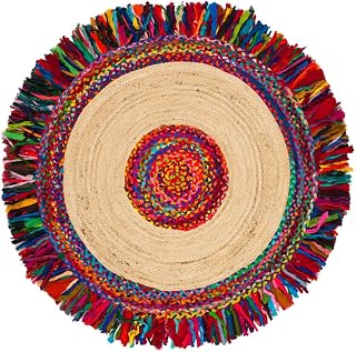 Jute Cotton Braided Boho Area Rug, 2' Round - Natural, Handmade, Hand Woven Farmhouse Reversible Rugs for Living Room, Kitchen, Bedroom, Hallway, Entryway - 2 Feet Round Multicolor