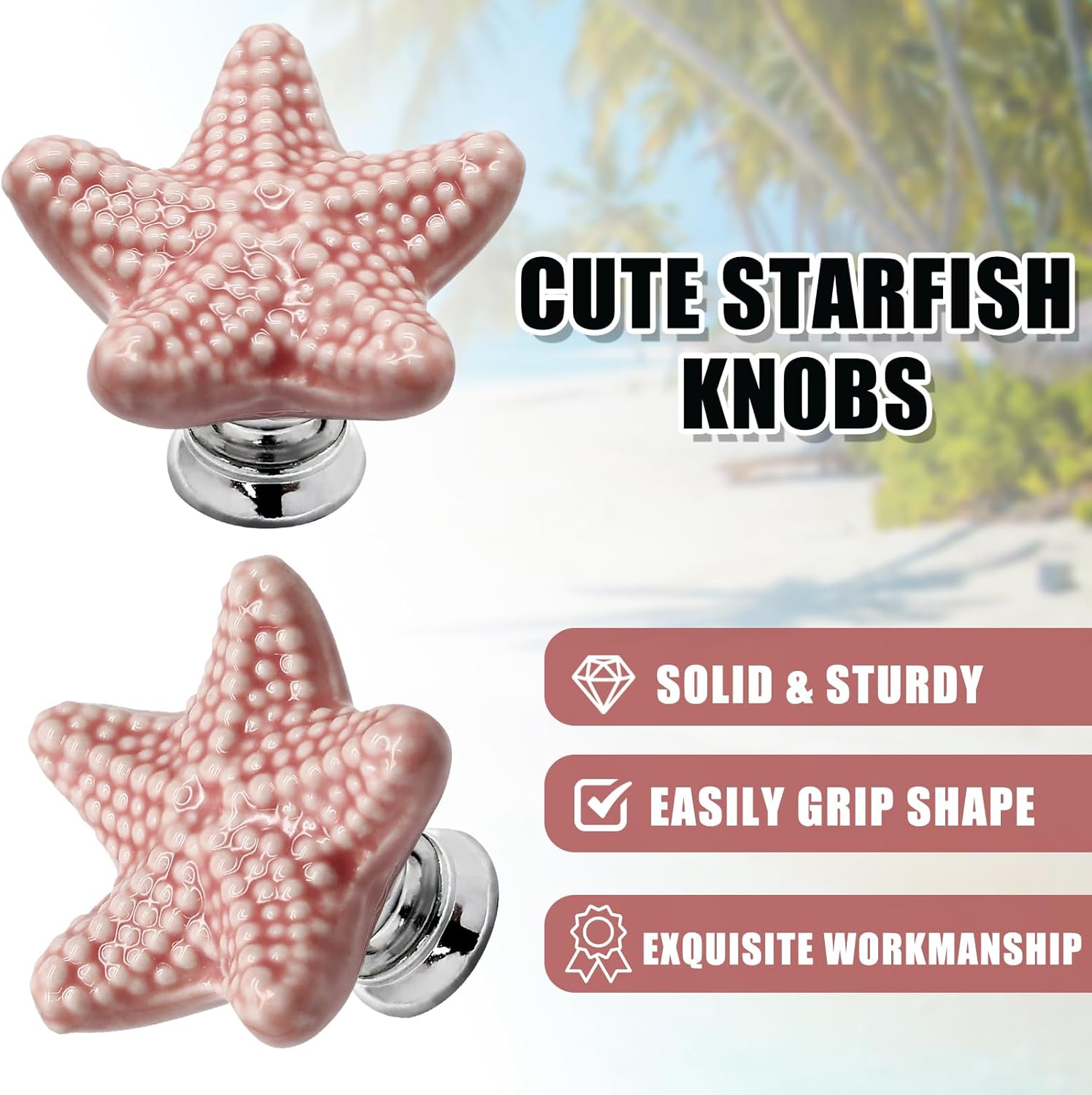 Luomorgo 4 Pack Ceramic Starfish Drawer Knobs - Coastal Pink Cabinet Handles for Kitchen, Dresser & Wardrobe Cupboard Drawer, Beach Theme Pulls with Screws
