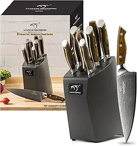 Kitchen Damascus Knife Set, 9-Piece Kitchen Knife Set with Block, Non-slip G10 Ergonomic Triple Rivet Handle for Chef Knives, Knife Sharpener and Kitchen Shears, Natural Wood Block (Brown/Grey)